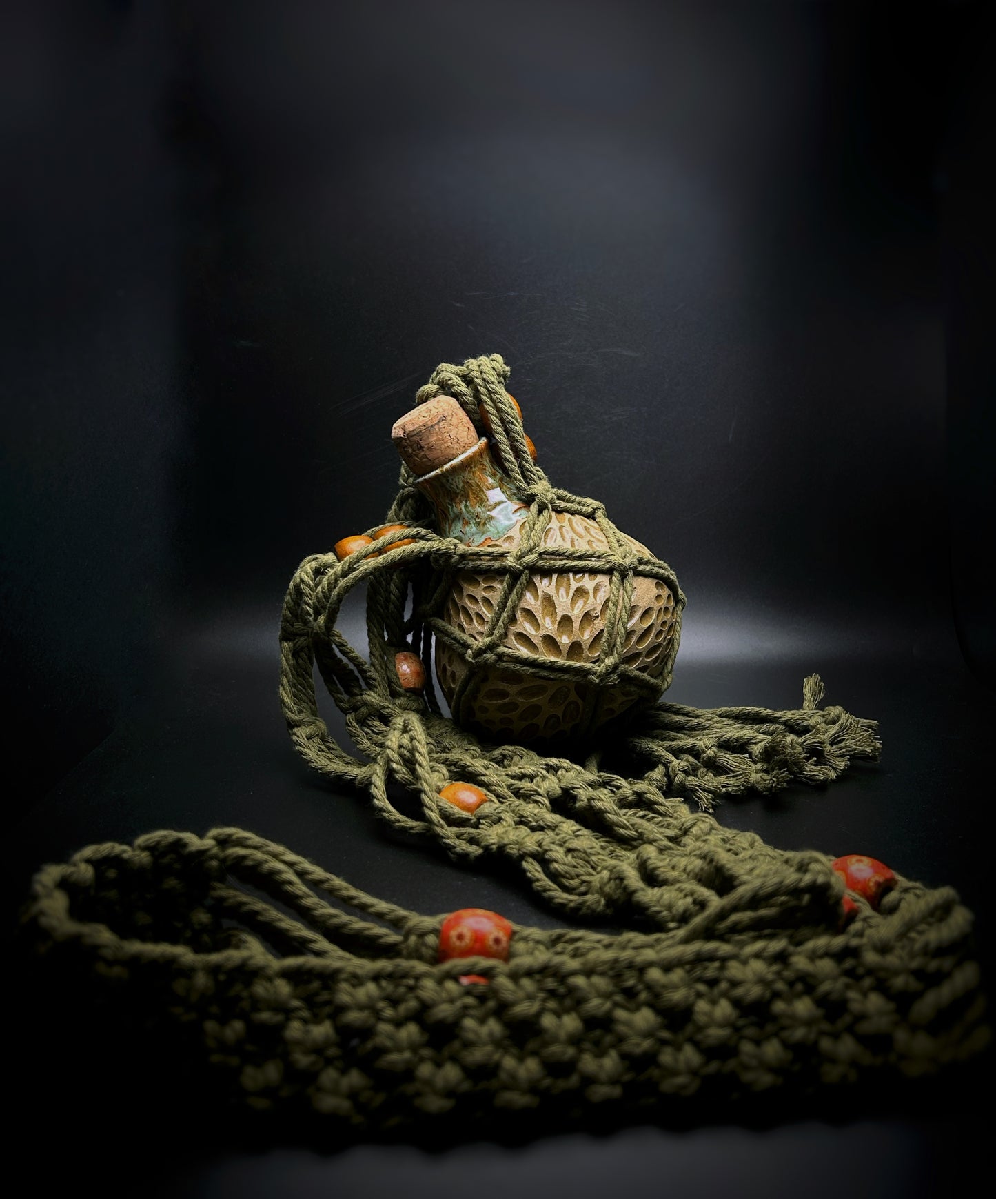 autumn moss macramé flask