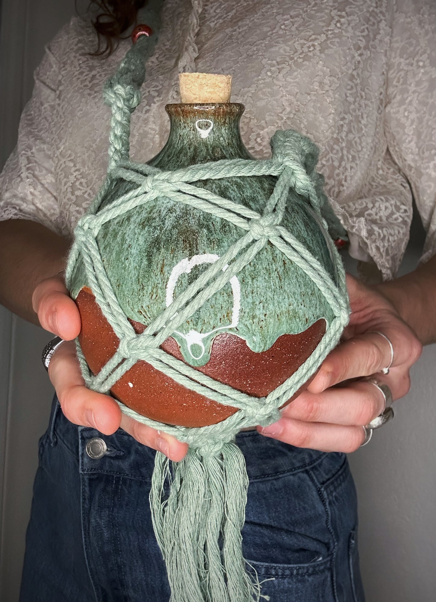 sea foam macramé flask