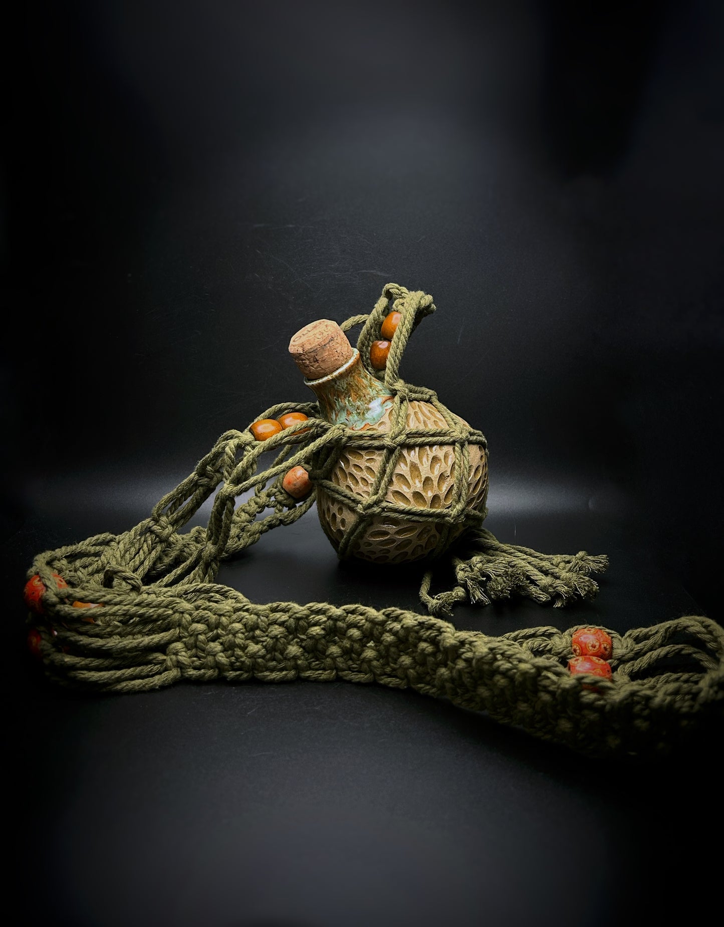 autumn moss macramé flask