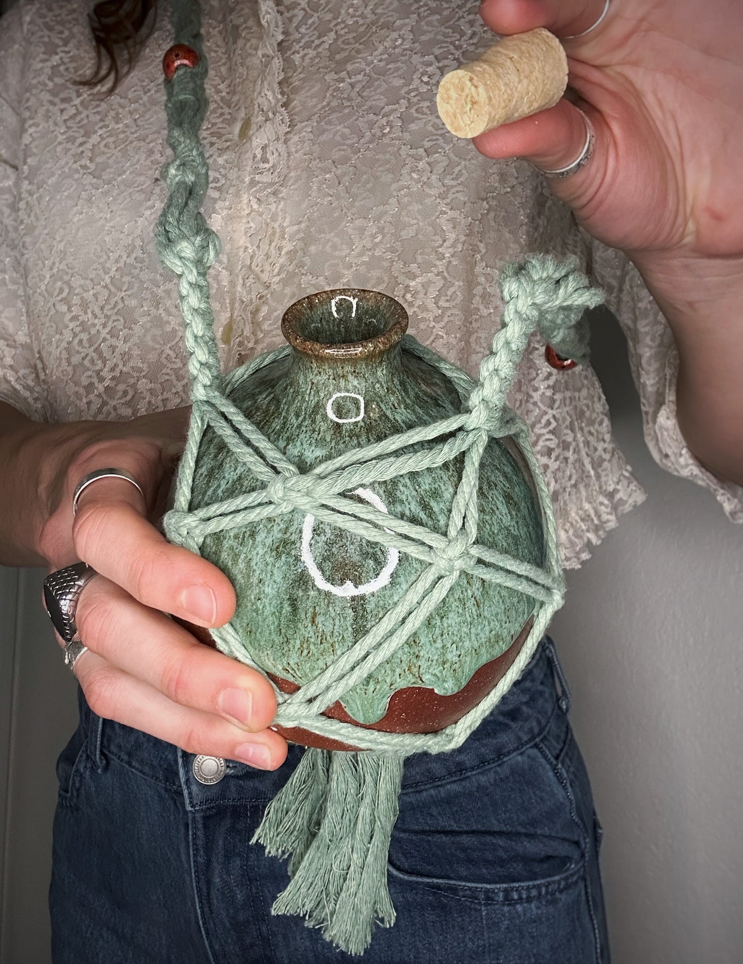 sea foam macramé flask