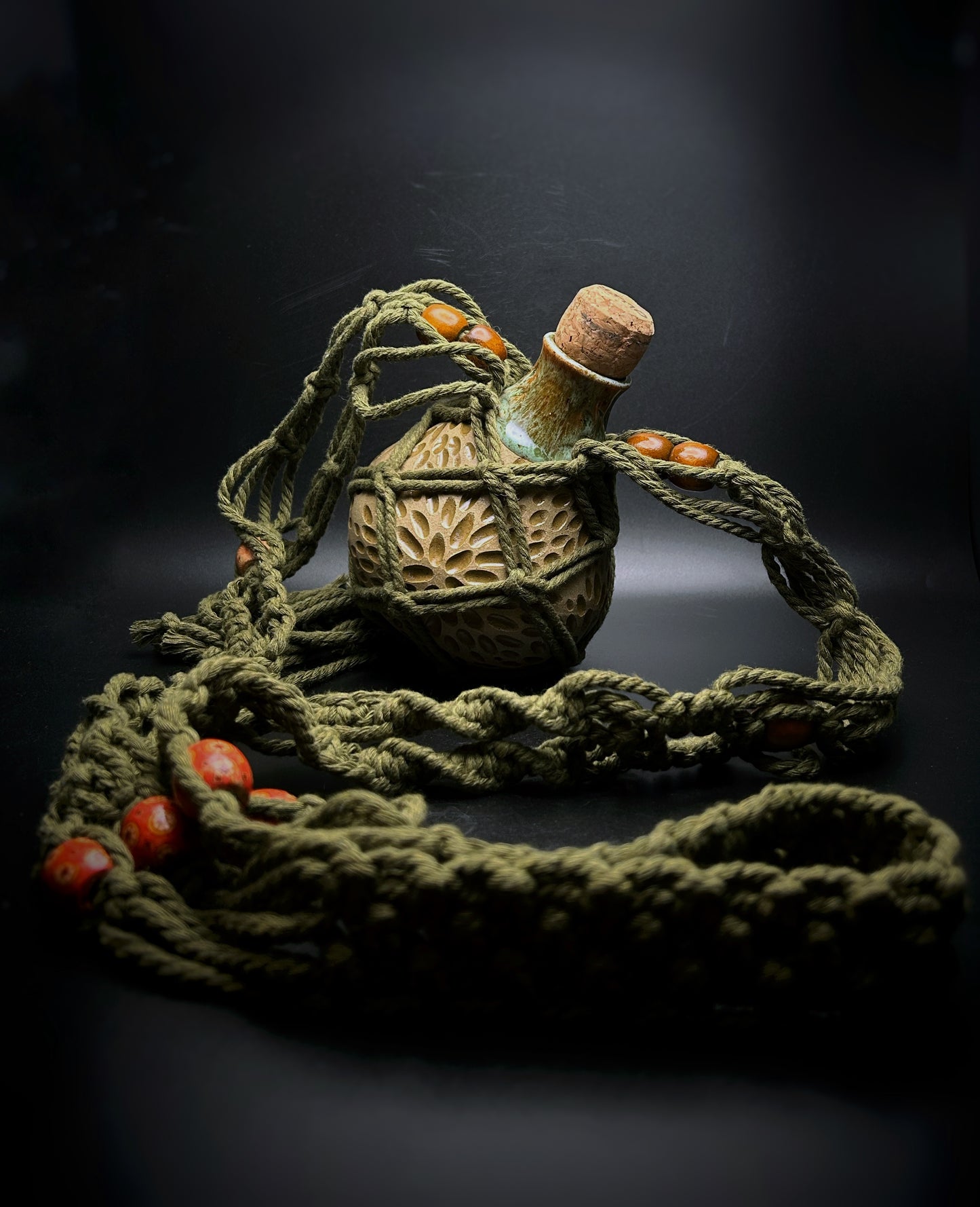 autumn moss macramé flask