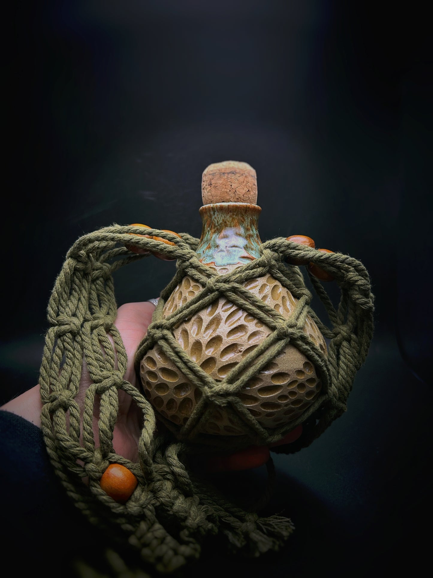 autumn moss macramé flask